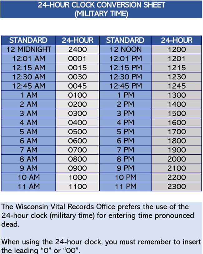 Free 24 Hour Military Time Charts Printable