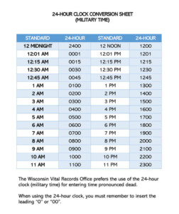 Free Printable 24 Hour Military Time Charts PDF Word