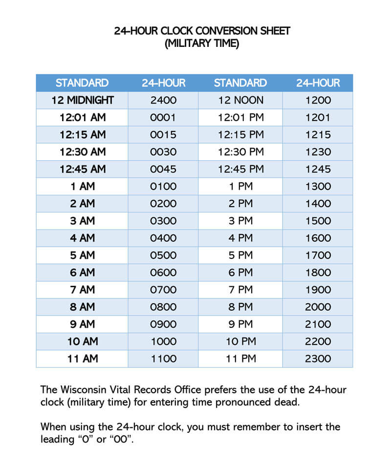 Free Printable 24 Hour Military Time Charts PDF Word 