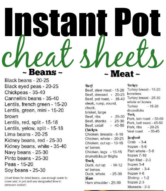 FREE Printable Instant Pot Cooking Times Sheet Meat Beans Veggies