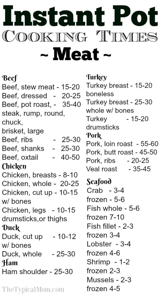 FREE Printable Instant Pot Cooking Times Sheet Meat Beans Veggies