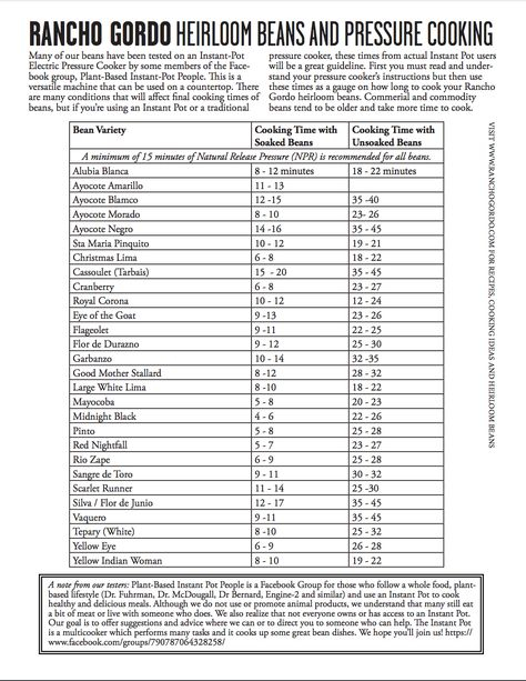 Rancho Gordo Heirloom Beans And Pressure Cooking Chart Pressure