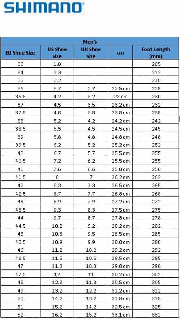 Shimano Cycling Shoes Size Chart for Both Men Women